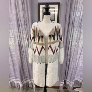 Fuzzy Open-Front Aztec Pattern Cardigan Sweater - Ivory